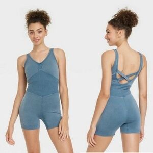 JoyLab Short Seamless Bodysuit Blue Crisscross Back Size Medium